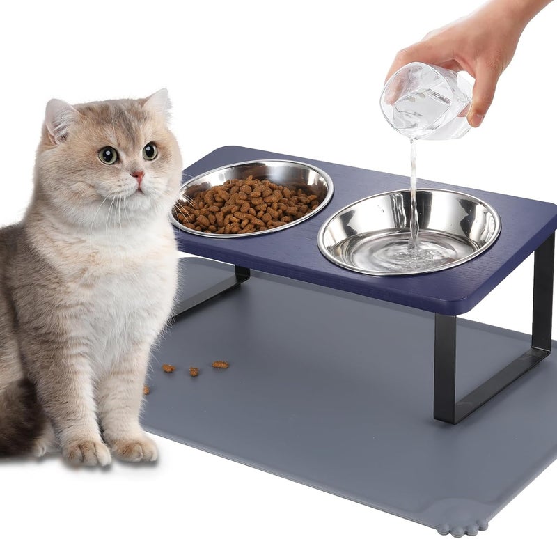 Summark Upgraded Elevated Cat Bowls with Food Mat,15°Tilted Stand Anti Vomiting Raised Cat Dishes for Food and Water,2 Stainless Steel Bowls for Cats and Puppies（Navy Blue） - Image 1